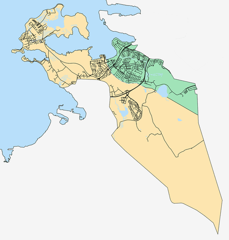 Þjónustusvæði Veitna er merkt grænt og þjónustusvæði HS Veitna gult.